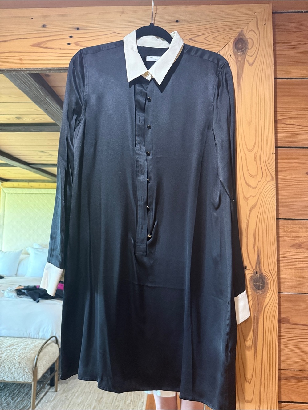 Equipment Black Silk Long-Sleeve Button-Front Dress with White Collar and Cuffs